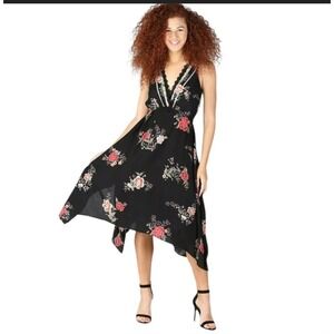 Angie Floral Boho Dress Scarf Hemline Crossbody Straps‎ Lace Neck Womens Black L